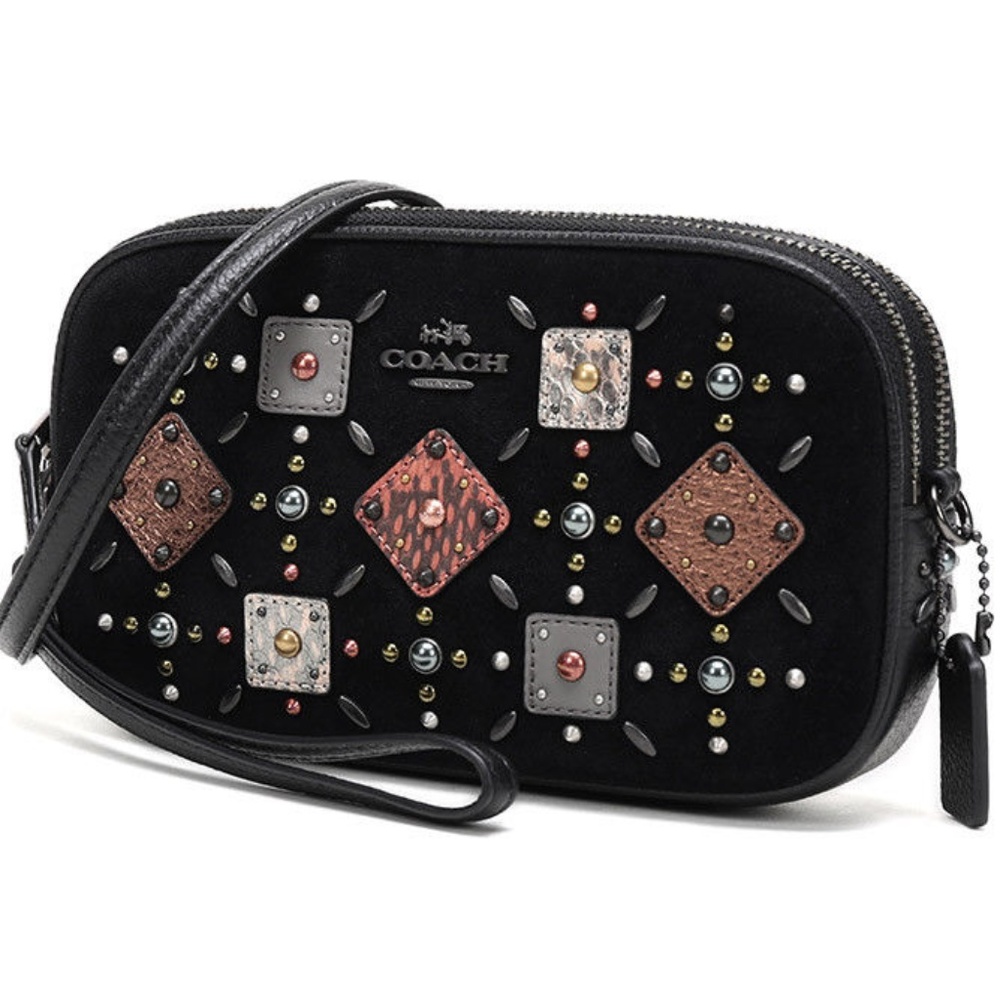 COACH Crossbody Prairie Rivets Square Studs Black Leather & Suede Purse